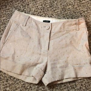 J crew khaki linen shorts with gold polka dots